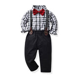 Children Boy Formal Shirt & Suspender Pants 2 Piece Set Children's Clothing Autumn Long Sleeve Printed Shirt