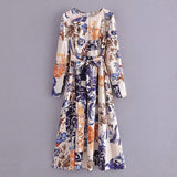 Women Fall Fall Fall Satin Print Waist Belt Dress Waist-Slimming Long Dress