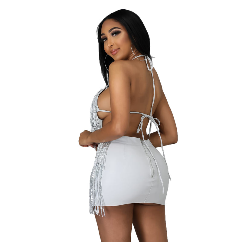 Women Rave Outfits Tops See-through Sexy Nightclub Two-Piece Set Sequin Skirt