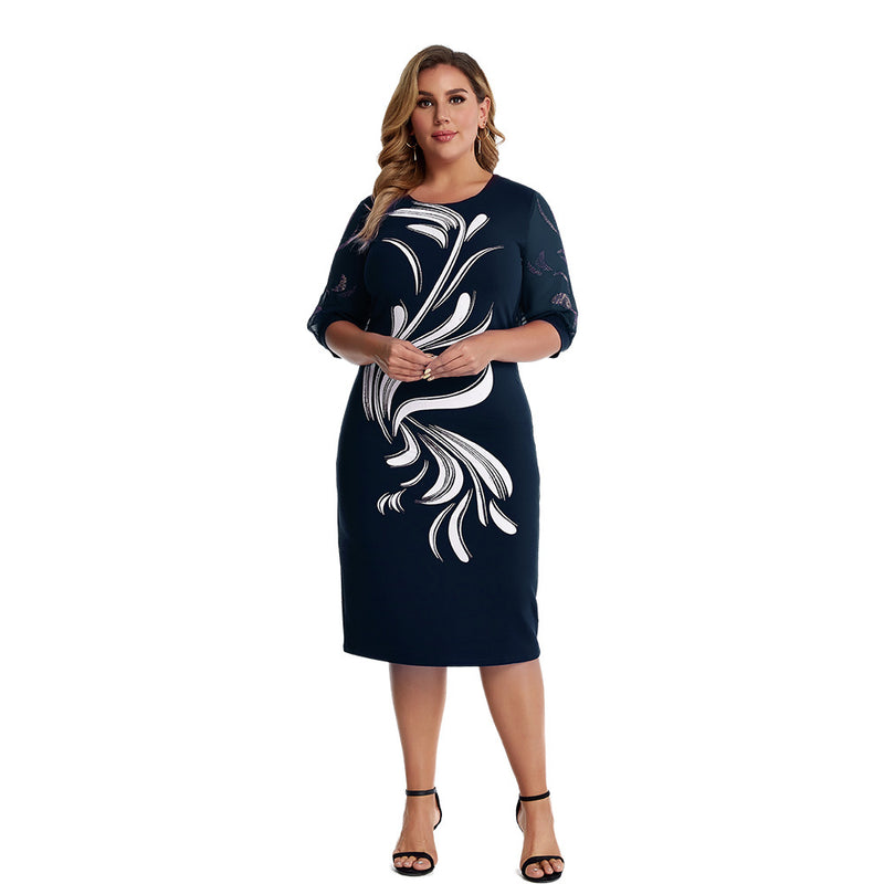 Nina Parker Black Dress Glue Printing Rhinestone Round Neck Dress