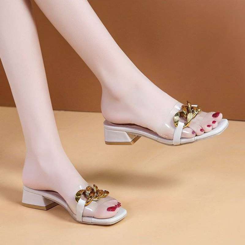 Nude Block Heel Peep Toe Low Heel Transparent Sandals