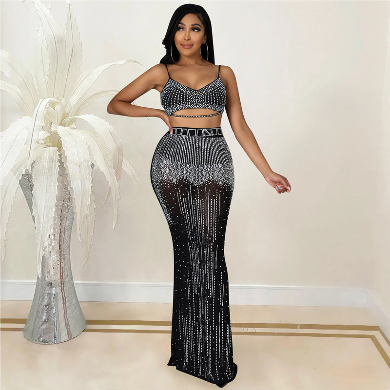 See through Pants Suit Sexy Women Clothing Nightclub Party See-through Camisole Long Dress