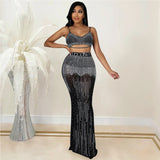 See through Pants Suit Sexy Women Clothing Nightclub Party Mesh Camisole Long Dress Two-Piece Set