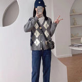 Preppy Aestitic Sweater V-neck Knitted Loose Sweater Coat for Women