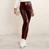 Brown Leather Pants High Waist High Elastic Slim PU Trousers Motorcycle Tight Leather Pants