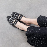 Finn Chain Pointed Toe Mule Summer Checked Cloth Closed Toe Half Slippers Women's Flat Metal Buckle Sandals