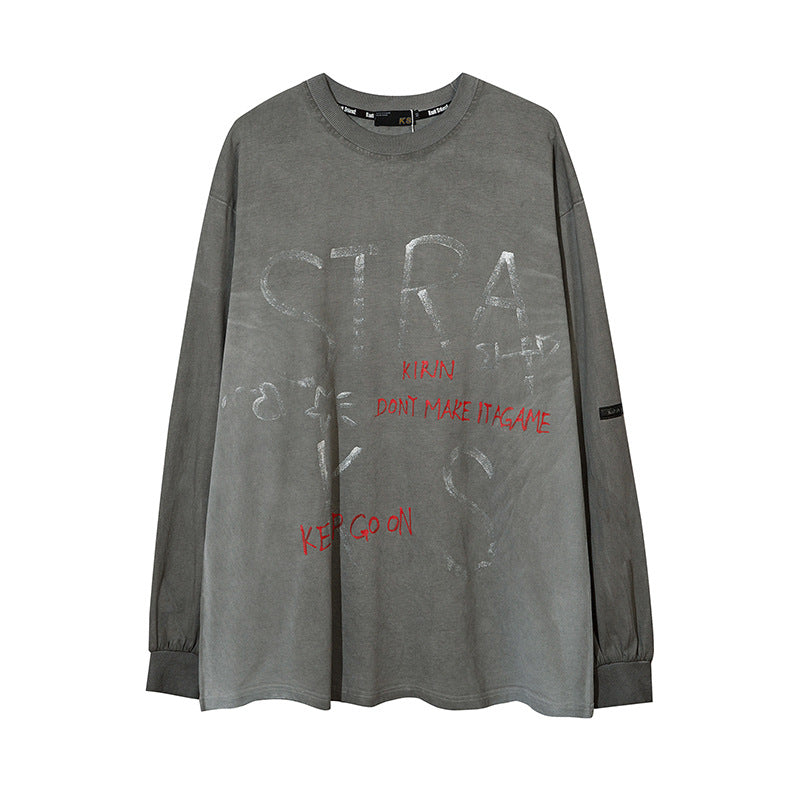 Mens Fall Outfits Retro Dark High Street Hand-Painted Long-Sleeved T-shirt Men Oversize