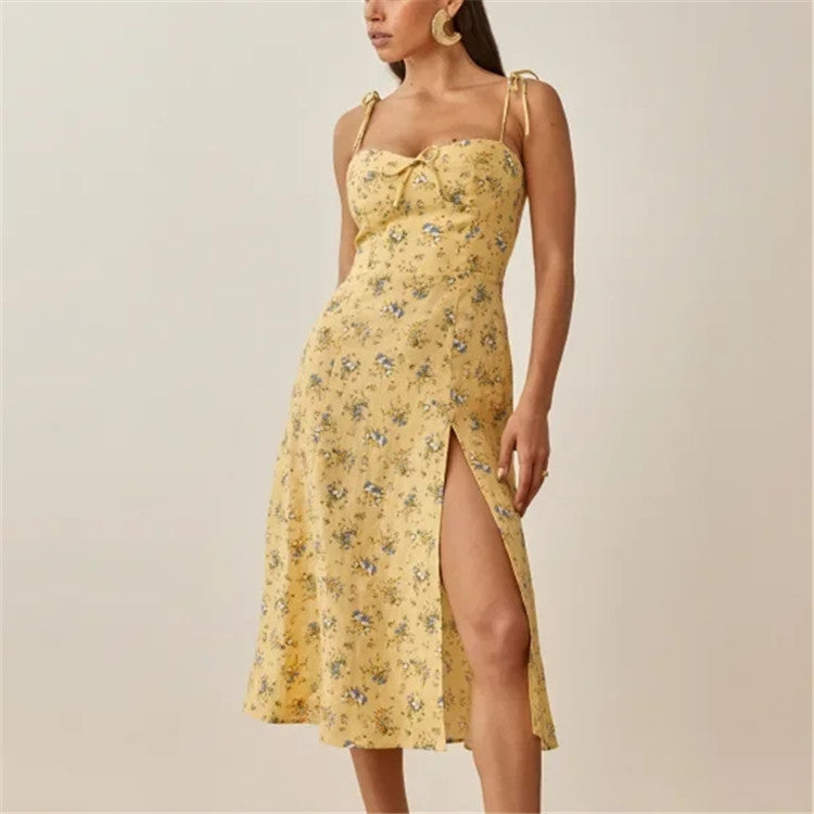 Summer Wedding Guest Dresses Vintage Printed Suspender Dress Women's Slim-Fit Slimming Waist Dress