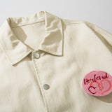 Beige Varsity Jacket Letter Print Patch Decoration Jacket Top Men Loose Lapels Casual Cargo Pants