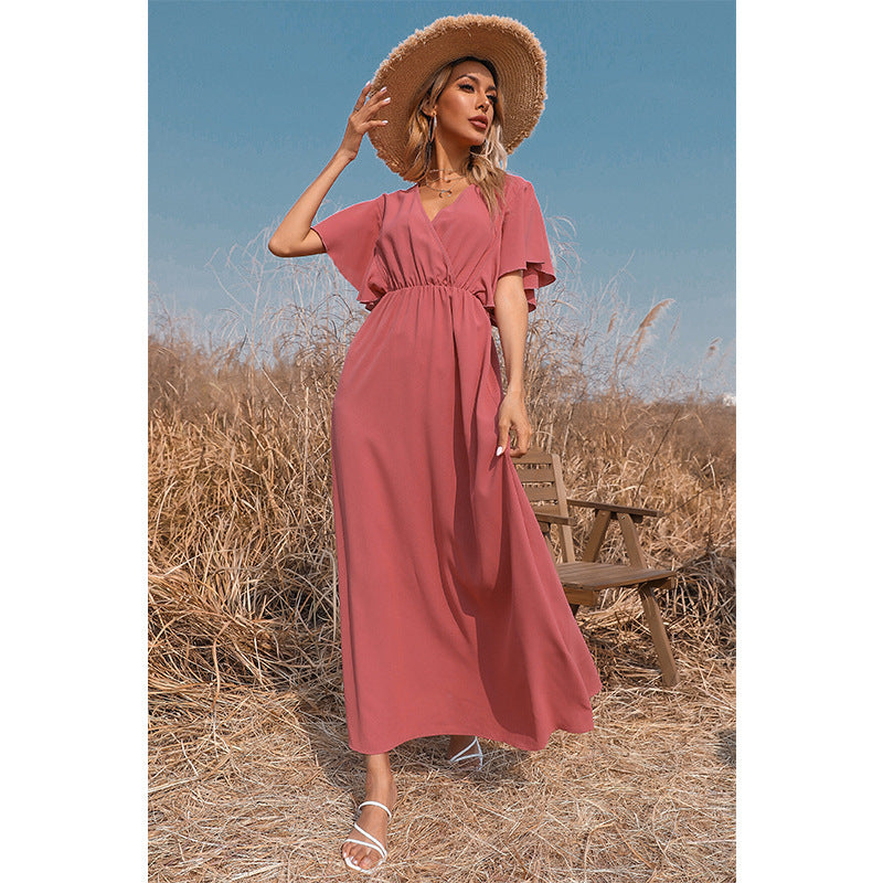 Mauve Dress Summer Short Sleeve Dress Solid Color And V-Neck Dress