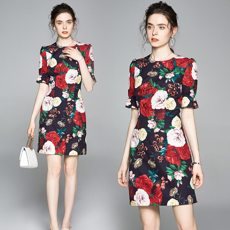 Summer Fashion Runway Peony Printed Short-Sleeved Jumpsuit Flower Print Cottagecore Aesthetic Dress