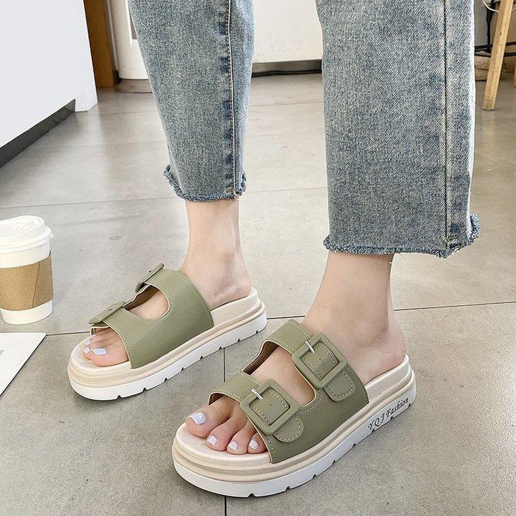Women Open Toe Sandals Flats Summer Fashion Outdoor Belt Buckle Word Casual Sandals
