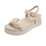 Women Open Toe Sandals Flats Summer Fashion Pleated Open Toe Ankle-Strap Buckle Roman Sandals