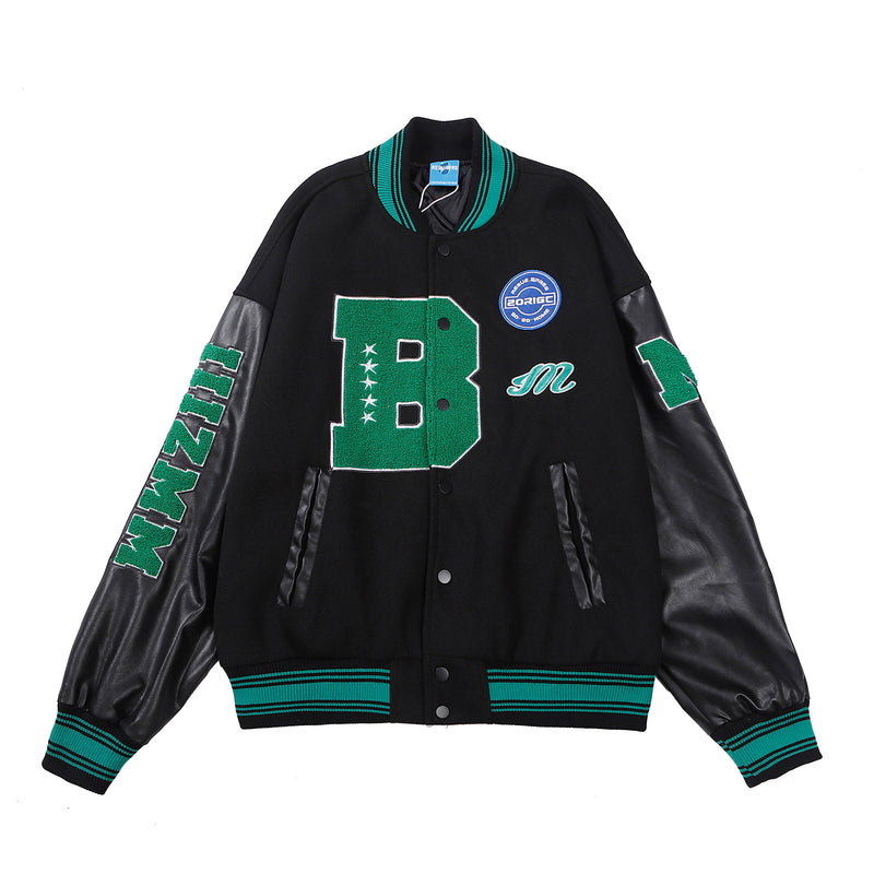 Orange Varsity Jacket Machine Embroidery PU Leather Stitching Baseball Uniform Spring and Autumn Coat Men's and Women's Jacket