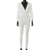 Solid Color Deep V Lace-up Pleating Long Sleeve Tight Trousers Jumpsuit for Women