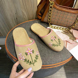 Women Open Toe Sandals Flats Summer Embroidered Linen Leisure Home Flat Slippers