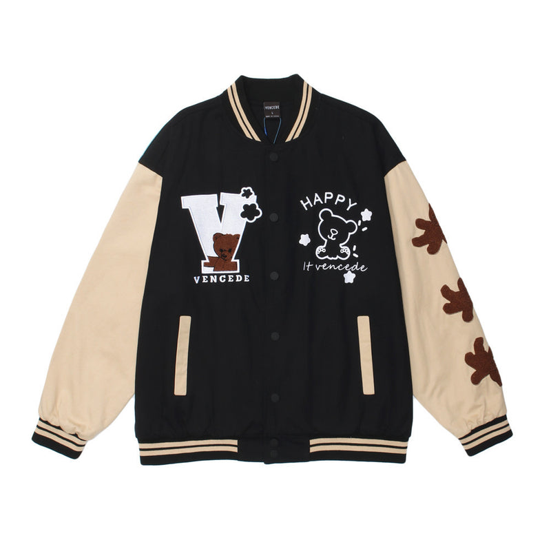 The Bears Varsity Jacket Cartoon Bear Embroidery Stitching Baseball Uniform Jacket Men's Loose Lapel Flight Jacket
