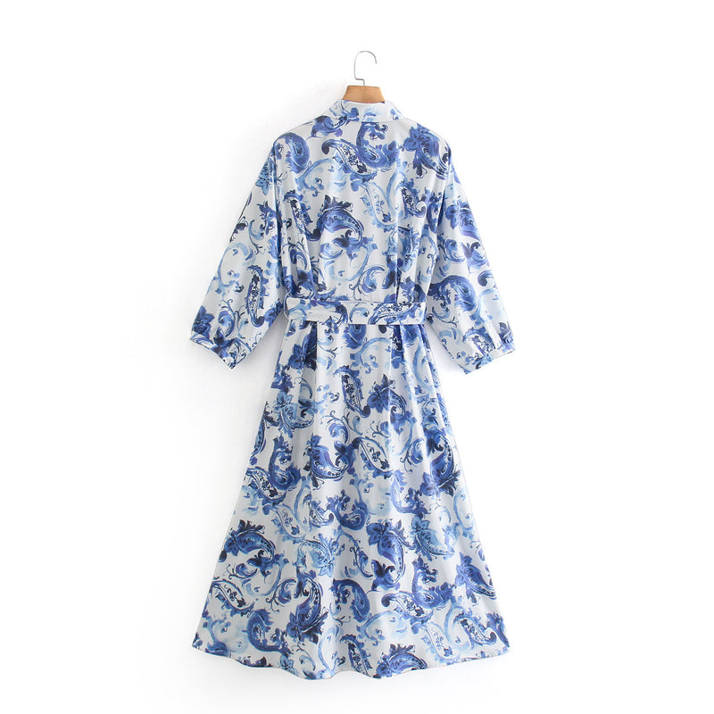 Women Fall Fall Printed Poplin Dress Single-Breasted Lace Up Long Dress