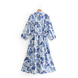 Women Fall Fall Printed Poplin Dress Single-Breasted Lace Up Long Dress