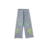 Mens Fall Outfits Vintage High Street Cross Graffiti Printing Jeans Men and Women Straight Loose-Fitting Wide-Leg Trousers