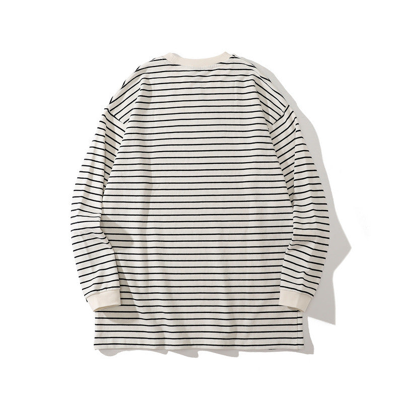 Mens Fall Outfits Vintage Stripe round Neck Sweater Men's Loose Couple Casual Long Sleeve Bottoming Top