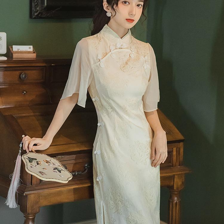Women Retro Cottagecore Vintage Dress Retro Corset Slimming Fashion Round Neck Short Sleeves Long Dress Summer