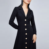 Women Spring Dress French Cardigan High Waist Midi Skirt Long Sleeve Solid Color Buttons Slim Dress