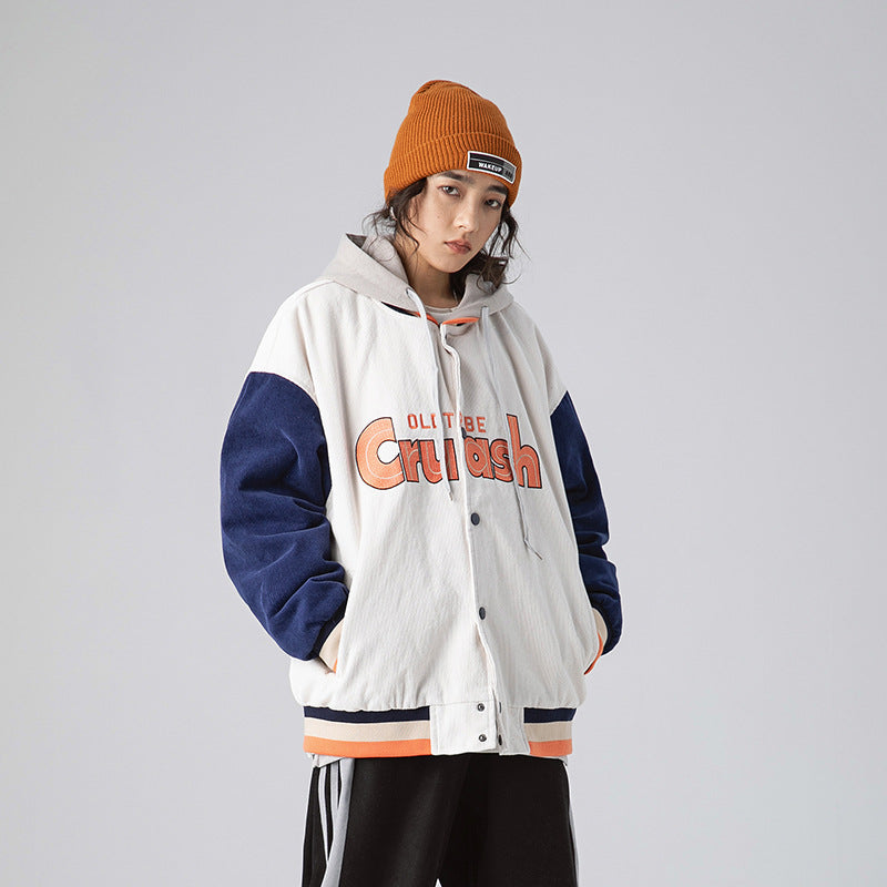 White Varsity Jacket Spring Retro Street Men's Jacket Coat Contrast Color College Style Loose Jacket Baseball Uniform Men