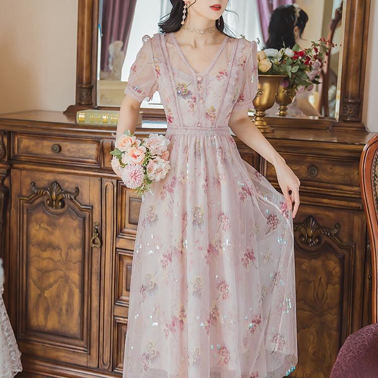 Women Cottagecore Dress Pink Purple Puff Sleeve Dress Long