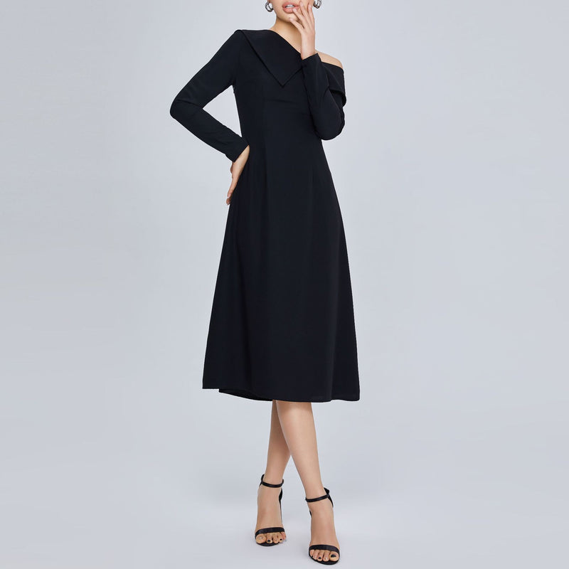Women Spring Dress Long Sleeve Dress Lapel Sloping-Shoulder off the-Shoulder Waist Ladies Dress