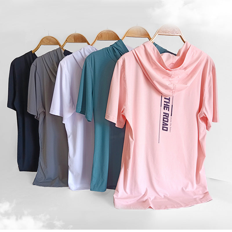 Sweat Wicking Shirt Hooded T-shirt Summer Ice Silk Short Sleeve Men's Casual