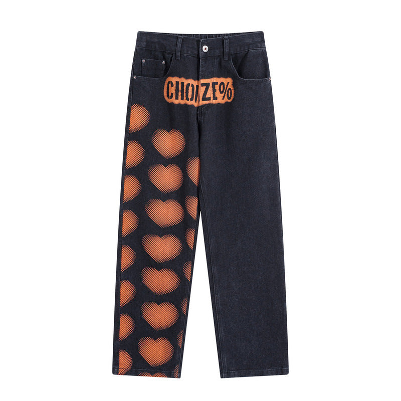 Man Fall Outfits Cargo Pants Vibe High Street Style Love Heart Letter Printing Overalls All-Match Loose Straight Trousers