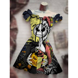 Skull Dress Digital Printing Drawstring Short Sleeve Dress Autumn