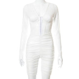 Solid Color Hollow-out Long Sleeve Sexy Pleating Shorts Mesh Jumpsuit