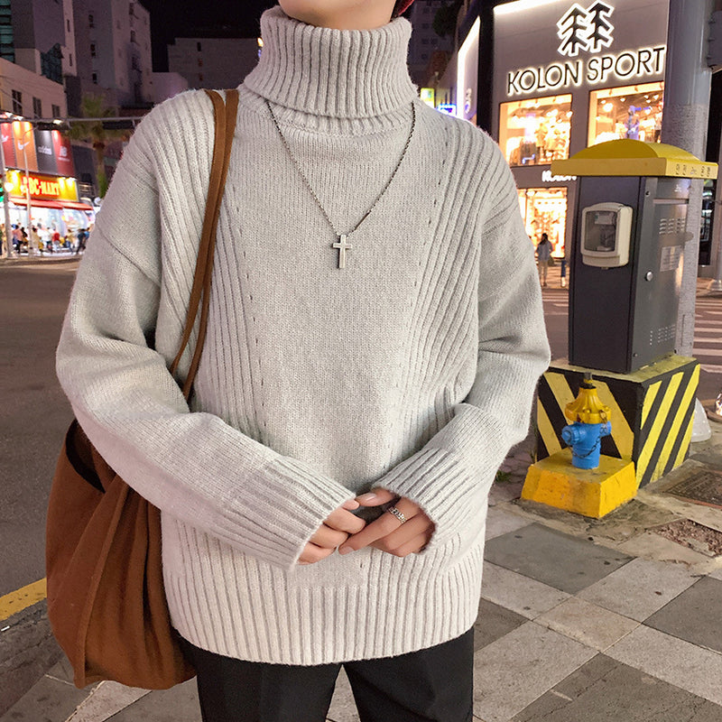 Men Turtleneck Sweater Solid Color Turtleneck Sweater Men's Baggy Coat Sweater