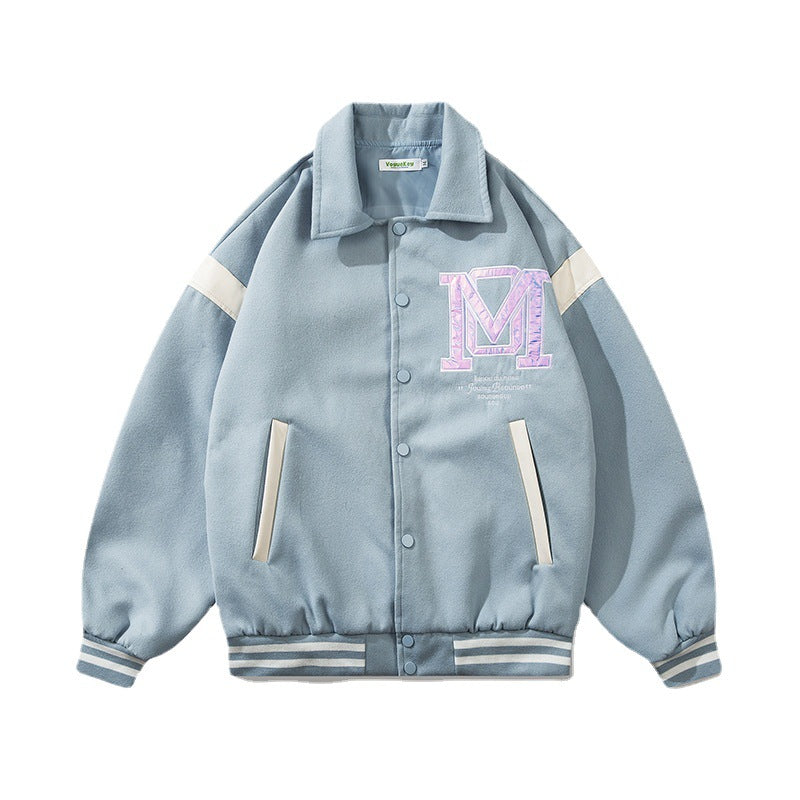 Baby Blue Varsity Jacket Baggy Coat Men's and Women's Autumn