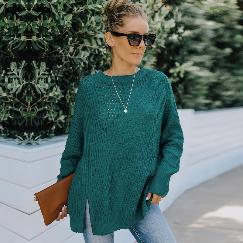 Women's Fall Outfits Autumn round Neck Long Sleeve Hollow Sweater Women's Loose Sweater Winter