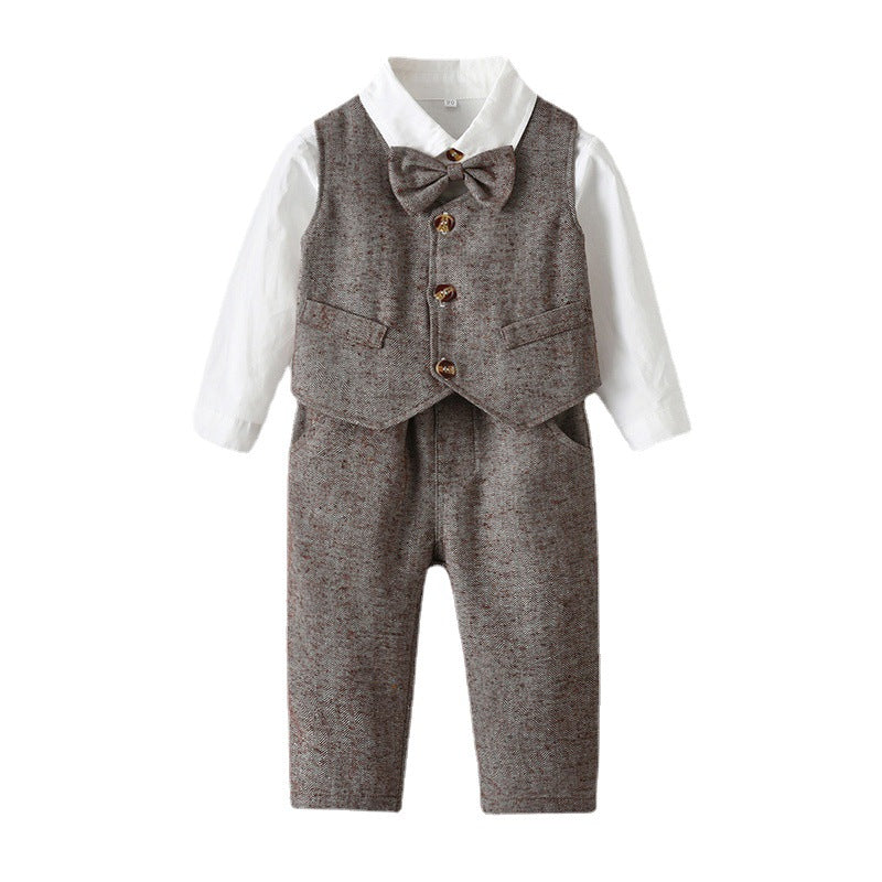 Children Boy Formal Shirt & Suspender Pants 2 Piece Set Children's Clothing Autumn Boy Long Sleeve Gentleman Suit Gown