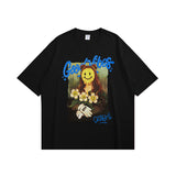 Smiley Face T Shirt Cartoon Oil Painting Mona Lisa Printed Loose T-shirt