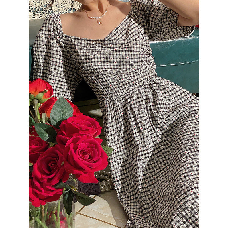 Gingham Dress Backless Dress Women's Summer High Waist Short Sleeve Dress