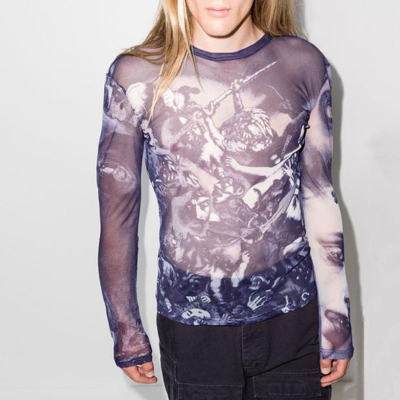 Rave Outfits Men Long Sleeve Shirt Bottoming Shirt See-through Printed round Neck Long Sleeve T-shirt