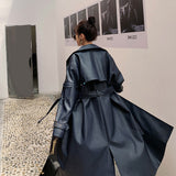 Cute Leather Jacket Autumn And Winter Navy Blue Leather Wind Coat Mid-Length Women'S Elegant British Style Waist Trimming Coat