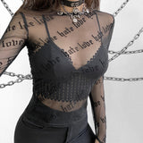 Women Rave Outfits Tops US Spring Printed See-through Long Sleeve T-shirt