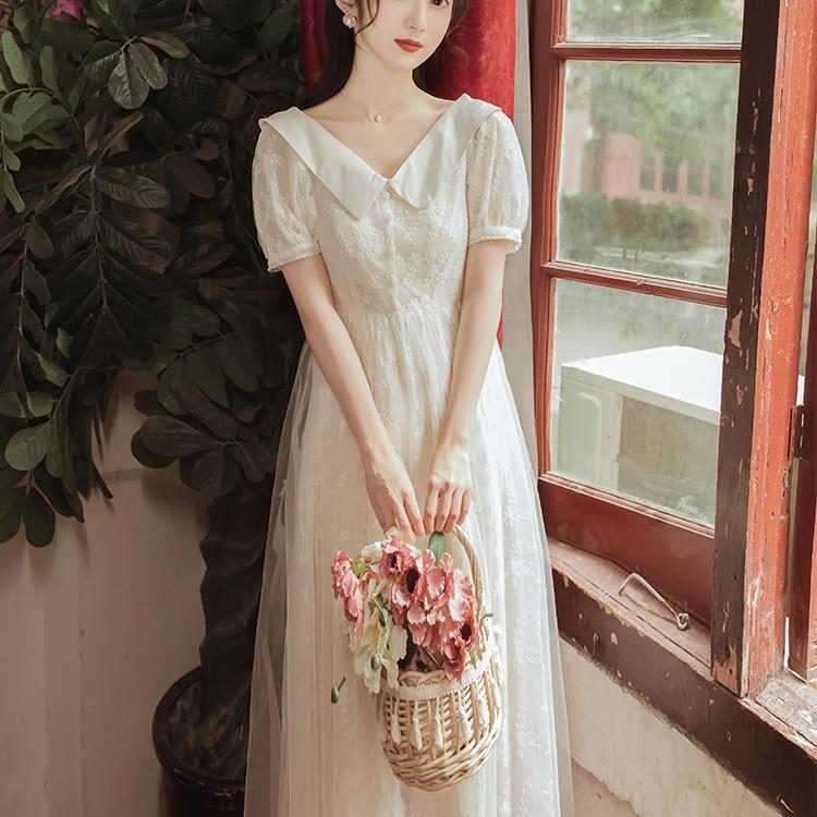Women Retro Cottagecore Vintage Dress Lapel Short Sleeve Lace Retro Corset Slim-Fit Gentle Long Dress Summer
