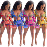 See through Pants Suit Fashion Digital Printed V-neck Tied Long Sleeves