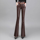 Brown Leather Pants Autumn and Winter Stretch Pants High Slimming Waist Draping Effect Trousers