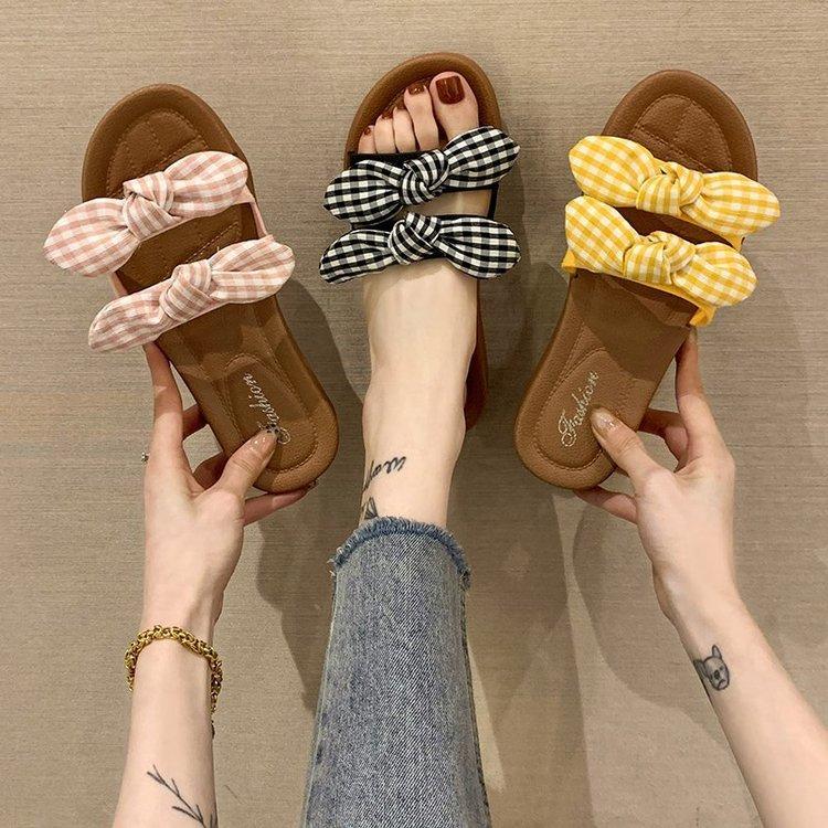 Women Open Toe Sands Flats Summer Plaid Bow Word Fashion Flat-Heeled Slippers