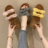 Women Open Toe Sands Flats Summer Plaid Bow Word Fashion Flat-Heeled Slippers
