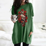 Skull Dress Casual round Neck T-shirt Women's Long Sleeve Pocket Loose Dress