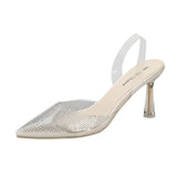 Nude Block Heels Closed Toe Transparent Rhinestone Sandals
